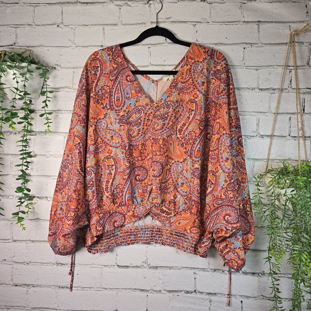 UMGEE WOMENS RED ORANGE BLOUSE TOP PAISLEY BOHO V NECK LONG SLEEVE HIPPIE SIZE L